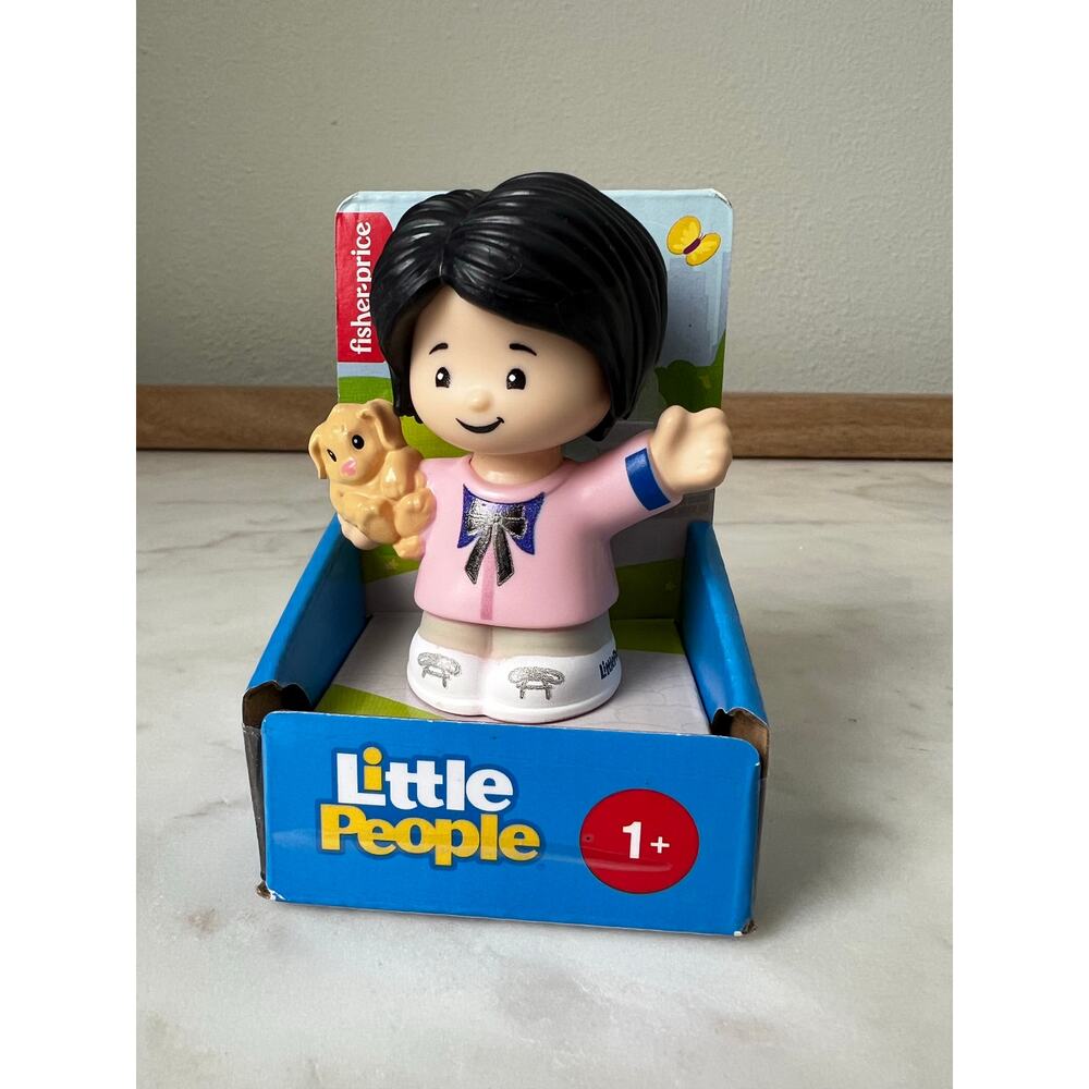 Fisher-Price Little People Little Girl Black Bobbed Hair holding Golden Puppy